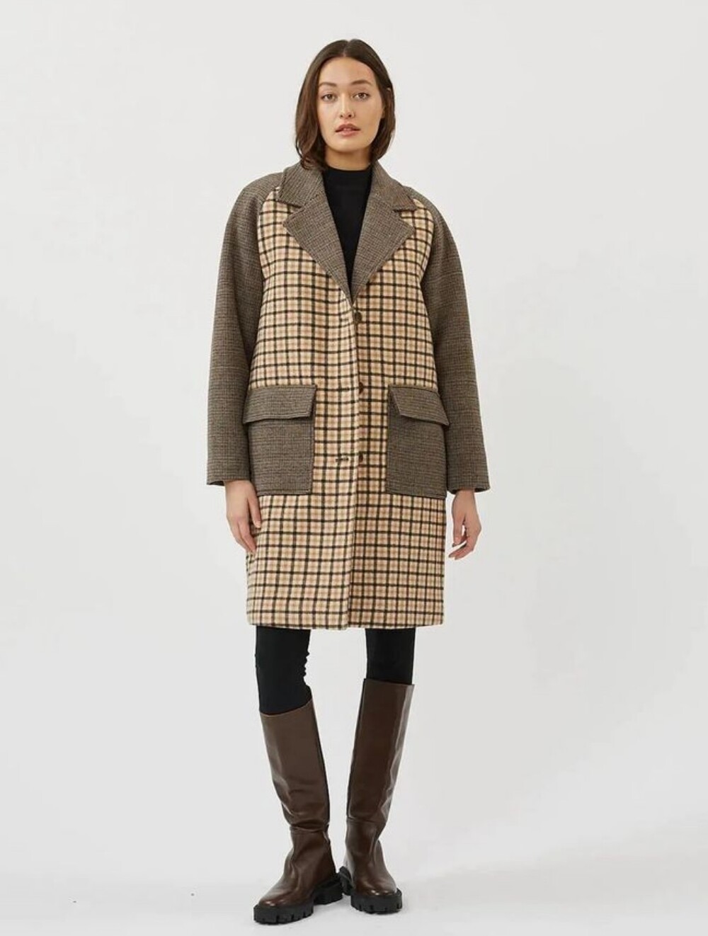 Minimum | "Patchy" Mixed-Media Plaid Wool-Blend Coat